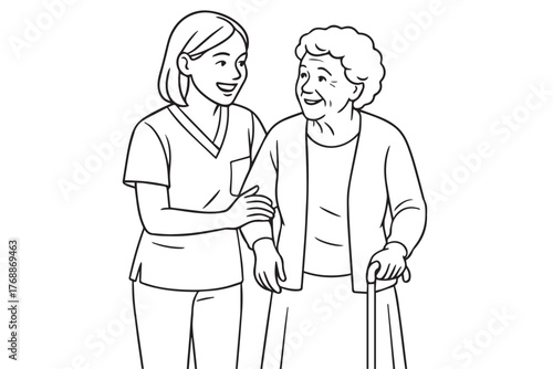 Vector artwork in monochrome showing a nurse standing with an elderly woman, symbolizing love, patience, and the nurturing essence of caregiving.