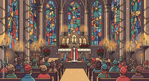 Cartoon Church Interior with Stained Glass Candles and Congregation.
