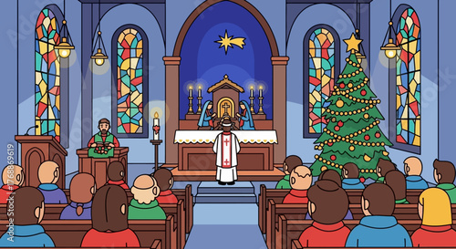 Cartoon Illustration of a Church Service with Priest and Congregation.