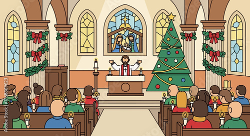 Christmas Church Service Illustration Depicting Priest People and Decorations.