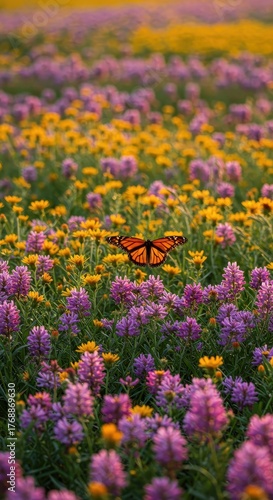 Brightly colored butterfly hovers above a dense field of blooming wildflowers
