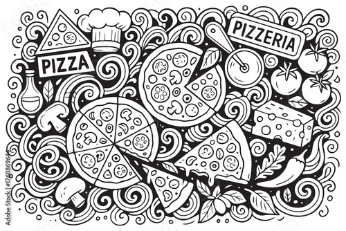 Black and white vector design of a pizzeria inspired background, filled with hand drawn pizza slices and kitchen elements that express the warmth of Italian cuisine.