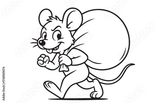 Black and white vector artwork of a rat holding a large sack of money, created as a symbolic portrayal of corruption and theft in a clean, conceptual illustration style.