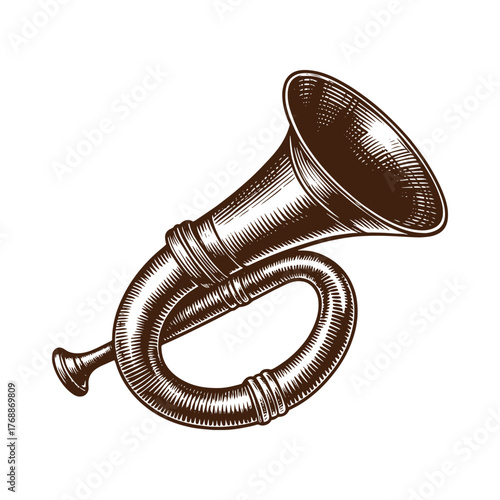 Western Brass Bugle Horn – Vintage Cowboy Instrument Illustration in Black and White