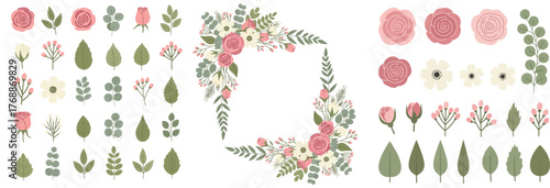 Floral design kit with pink roses, anemones, and eucalyptus. Vector collection of botanical elements and corner arrangements for wedding invitation design.