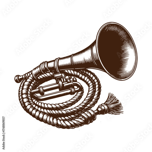 Western Brass Bugle Horn – Vintage Cowboy Instrument Illustration in Black and White