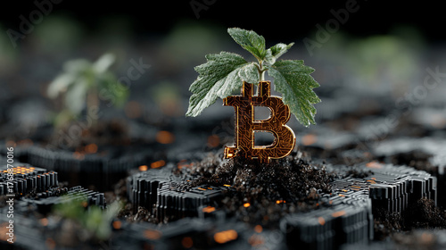 green seedling sprouting from an abstract digital currency base, representing the growth of sustainable finance, green economy, and eco-friendly investments. The visual symbolizes innovation, environm