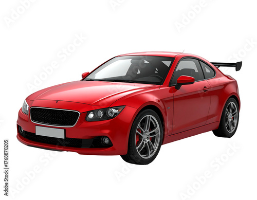 Sleek red sports car with a spoiler, side view, isolated on a black background