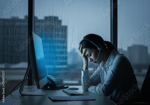 Stressed woman with headset working late as call center agent in office