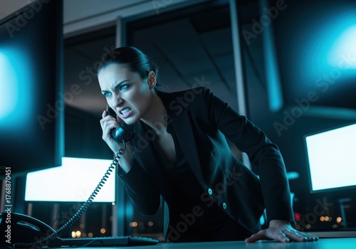 Intense businesswoman on phone, expressing frustration in a dark office