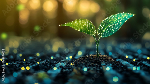 green seedling sprouting from an abstract digital currency base, representing the growth of sustainable finance, green economy, and eco-friendly investments. The visual symbolizes innovation, environm
