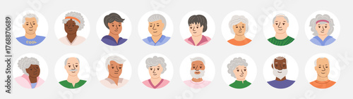 Set of avatars of happy smiling elderly people. Portraits old men and women cartoon characters flat set. Laughter joy, smile adult seniors different nationalities male female circle web avatars vector