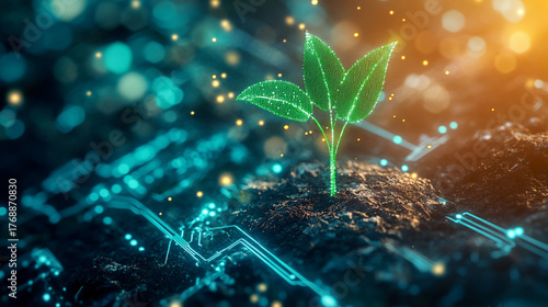 green seedling sprouting from an abstract digital currency base, representing the growth of sustainable finance, green economy, and eco-friendly investments. The visual symbolizes innovation, environm