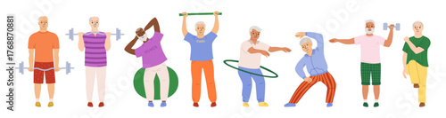 Older people play sports cartoon set. Elderly characters old men senor with hobbies. Adult seniors running, fitness exercises, gymnastics gym, cardio, yoga class, stretching jogging, strength training