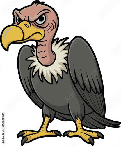 Angry cartoon vulture, fierce buzzard character, bald scavenger bird mascot, evil wildlife predator, funny animal illustration, dangerous bird design, isolated vector artwork