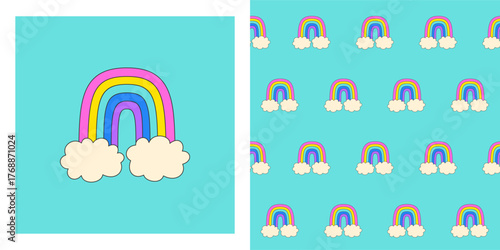 Rainbow retro cartoon seamless pattern. Comic rainbow and two clouds for kids 90s boundless background. Psychedelic hippie sticker endless design for paper print textile, wrapper backdrop template