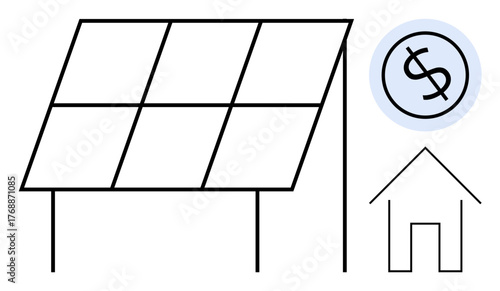 Solar panel with dollar sign and house, representing renewable energy, cost savings, sustainability. Ideal for eco-friendly living, energy independence, green technology, home improvement, clean