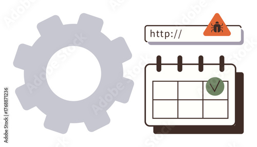 Gear, alert on web address bar, and calendar indicating maintenance, threat detection, and scheduling. Ideal for cybersecurity, planning, scheduling, IT maintenance risk management system updates
