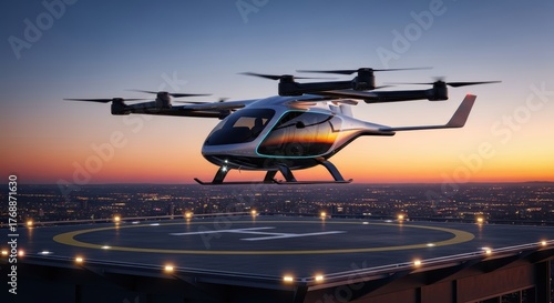 An electric vertical takeoff and landing aircraft landing on a rooftop helipad at sunset time