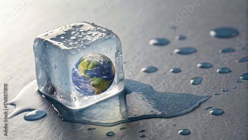 A photorealistic macro image of the planet Earth frozen inside a translucent ice cube that is melting into a puddle