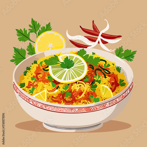 Spicy Asian Noodles Dish with Chili and Lemon Vector