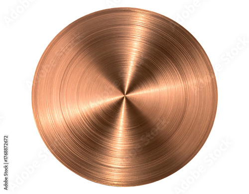 Glossy copper disk with radial brushed pattern shines against a black background, light glinting off its surface