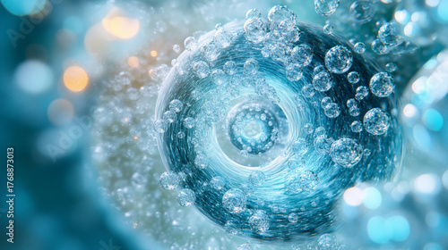 semi-transparent glass-like spheres arranged in a spiral formation against a minimal background. The image conveys balance, motion, infinity, innovation, and futuristic design. Ideal for technology pr