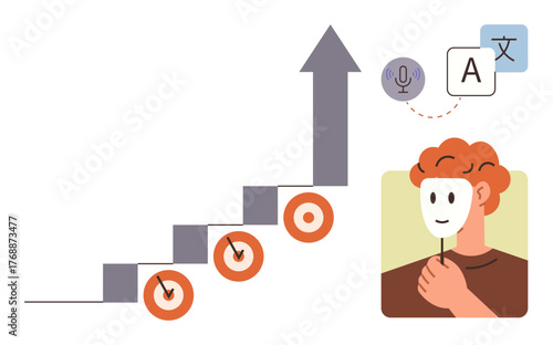 Person holding mask beside arrow climbing steps with target marks, speech bubble indicating translation. Ideal for self-improvement, communication, identity, multilingualism, growth, goals, learning