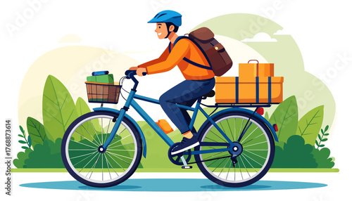 A smiling man in a blue helmet and orange jacket rides a blue bicycle, delivering packages with a backpack and front basket in a green outdoor setting.