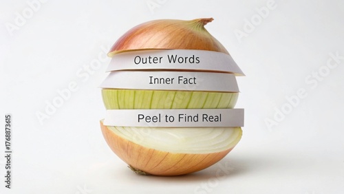 Sliced onion with labeled layers concept on white background