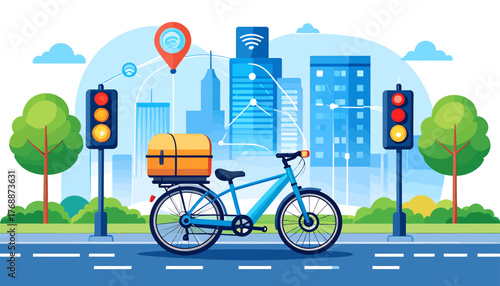 A blue delivery bicycle with an orange box on a city street, set against a backdrop of a smart city skyline with network connectivity and GPS tracking.