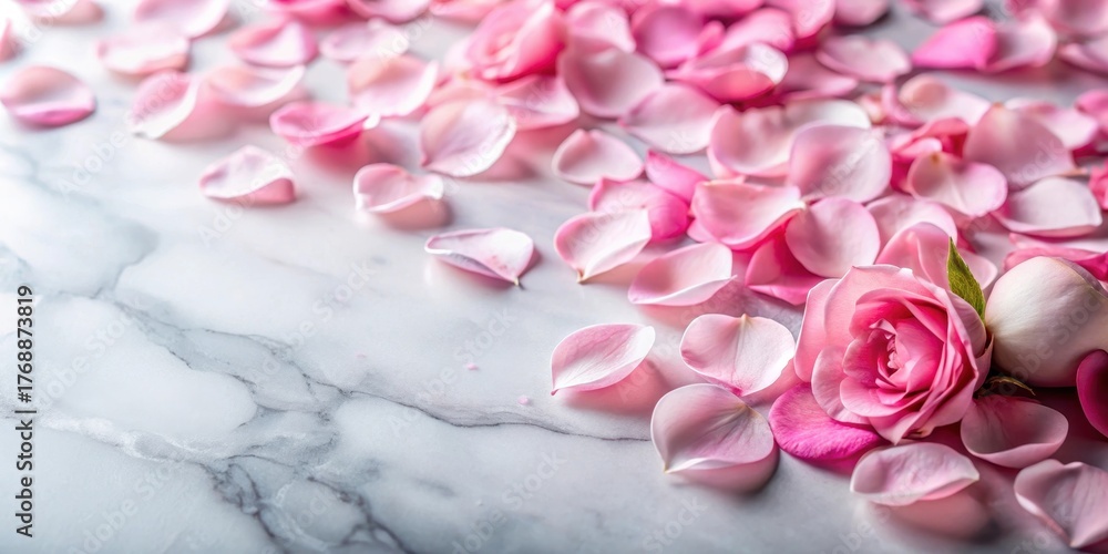 Obraz premium Soft pink rose petals scattered on a white marble table in a luxurious room