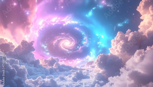 空に輝く銀河の渦と雲海