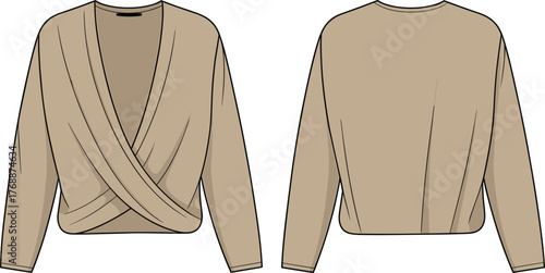 Women’s wrap top fashion flat sketch, long sleeve blouse technical drawing, apparel design template, garment illustration front and back view, clothing vector outline for manufacturing