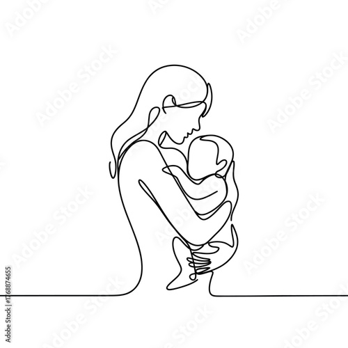 Mother holding her baby in a continuous line drawing style