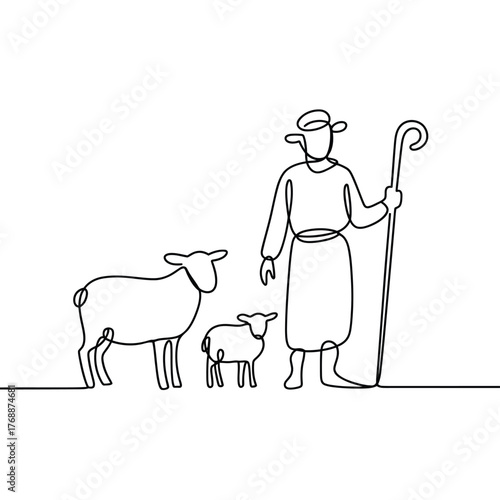 Shepherd with sheep and lamb drawn in continuous line art style
