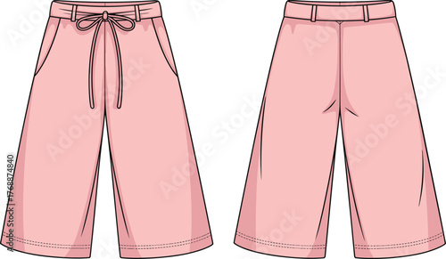 Technical fashion flat sketch of men shorts front and back view, casual knee length garment design, drawstring waistband, belt loops, yoke seam, vector illustration