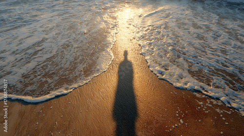 A lone shadow of a person raising a hand in greeting toward a glowing horizon, evoking connection, solitude, and serenity in a minimalist, atmospheric 9:16 composition.
