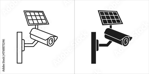 Solar powered security camera icon, outline and filled versions