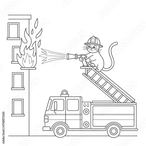 Cute cat firefighter douses flames from ladder truck