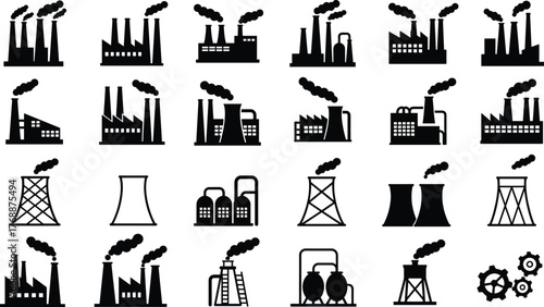 Industrial factory icons, power plant symbols, energy production facilities, manufacturing buildings, refinery silhouettes, cooling tower graphics, storage tank illustrations, industry infrastructure,