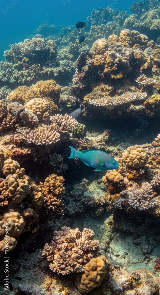 Fototapeta premium Vibrant tropical fish swims among diverse formations of a living underwater reef ecosystem