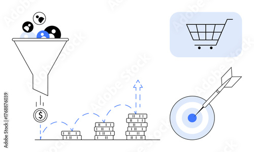 Funnel illustrating lead conversion to revenue, stacking coins, shopping cart, and bullseye target. Ideal for marketing, sales, ecommerce, goal setting financial growth analytics ROI. Simple flat