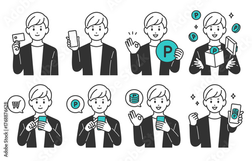 クレジットカードやスマホで買い物をする･ポイントを貯める若い男性のセット【人物ベクターイラスト素材】