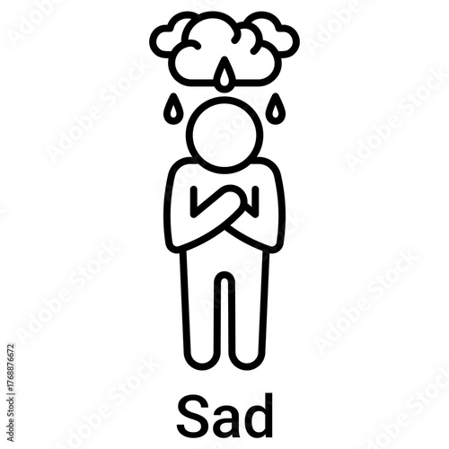 Sad Icon in Outline Color Style. Unhappy emotion, tear, and crying symbol. Melancholy illustration.