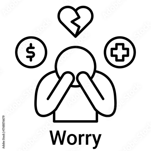 Worry Icon in Outline Color Style. Head holding, fear, and trouble thinking symbol. Stress sign vector.