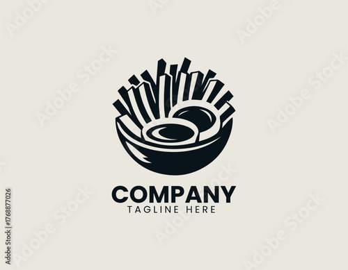 Crispy french fries with ketchup and cheese sauce in bowl black vector logo design illustration