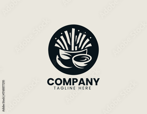 Crispy french fries with ketchup and cheese sauce in bowl black vector logo design illustration