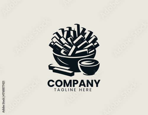 Crispy french fries with ketchup and cheese sauce in bowl black vector logo design illustration