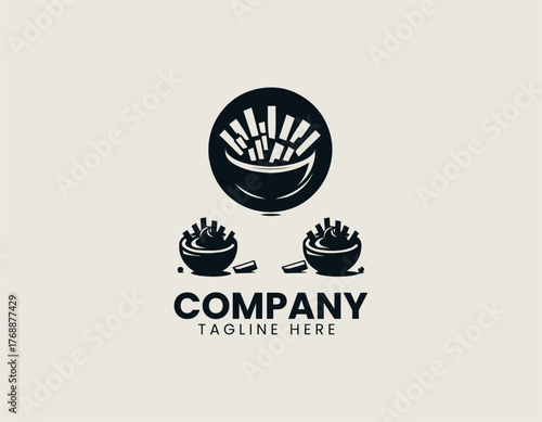 Crispy french fries with ketchup and cheese sauce in bowl black vector logo design illustration